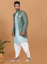 Jacquard Silk  Sky Blue Wedding Wear Embroidery Work Readymade Mens Indo Western